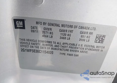 2012 Chevrolet Impala Ls z USA, uszkodzony, nr VIN 2G1WF5E36C1154920